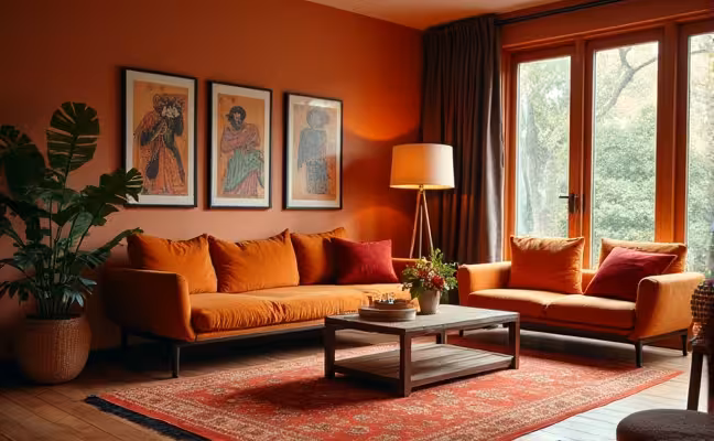 A cozy living room featuring warm, inviting color schemes with hues of burnt orange, deep reds, and earthy browns. The room should be equipped with smart home technologies such as a digital thermostat or a voice-activated light system. The decor should represent an eclectic mix of cultural elements, perhaps an Asian-inspired rug, African art pieces on the wall, and a Scandinavian coffee table