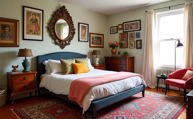A vibrant, eclectic bedroom showcasing a mix of styles with a modern bed, a Victorian-era mirror with intricate details hanging on the wall, a mid-century modern rug with geometric patterns on the floor, and a colorful gallery wall filled with vintage art and old family photos