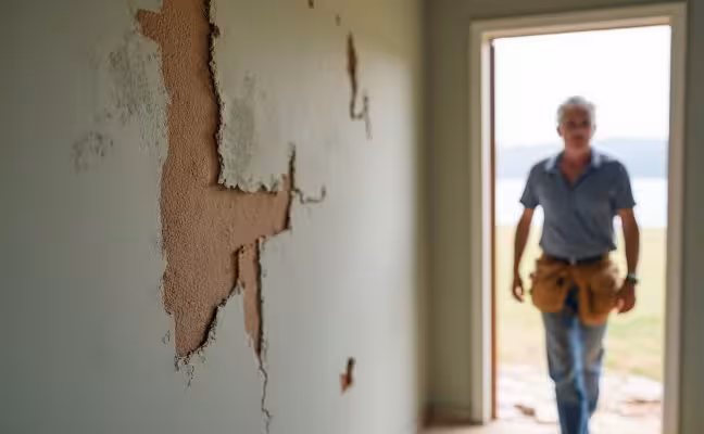 An image of a disgruntled homeowner looking at a poorly constructed wall, where the paint is peeling and the wall is not level. In the background, a contractor can be seen leaving the house, with an expression of indifference, to represent the consequences of hiring the wrong contractor