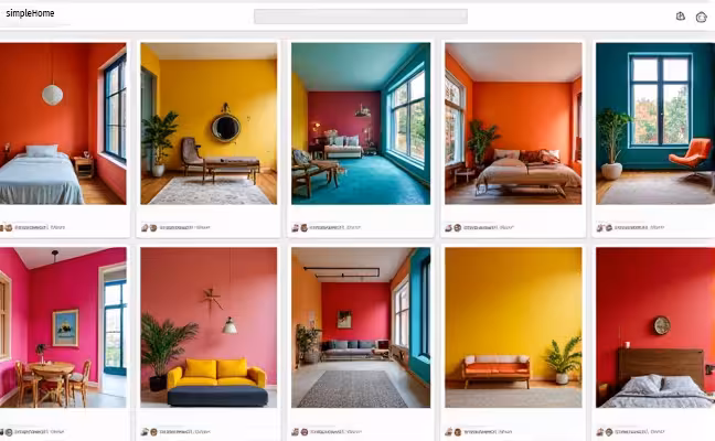 A screenshot-like image of a digital media platform, like Instagram or Pinterest, showing various posts of interior designs featuring bold color schemes. The posts should display a variety of spaces ranging from residential to commercial, showcasing the use of bold colors in different contexts