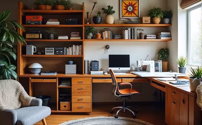 A multi-functional hobby room featuring custom shelving filled with various hobby items such as sewing machines and power tools, an ergonomic desk with a model airplane being assembled, and a comfortable reading chair with a knitted blanket thrown over it