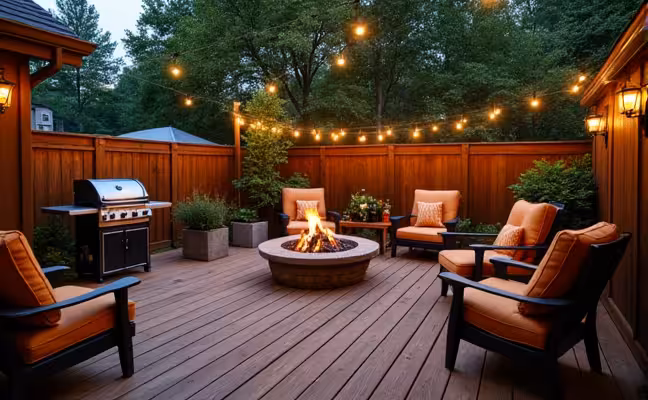 A backyard outdoor entertainment space featuring a wooden deck with comfortable patio furniture, a barbeque grill to one side, and a fire pit surrounded by cozy chairs. Twinkle lights are strung overhead providing a warm and inviting atmosphere, and a small table is set up as a drink station with various beverages