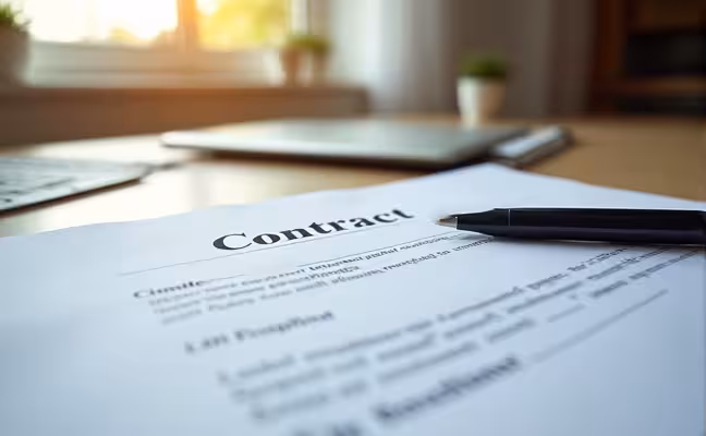 An image of a signed contract resting on a well-lit office desk, with specific sections like pricing, timeline, and scope of work highlighted. The contract should appear comprehensive and detailed, indicating its importance in avoiding renovation disputes