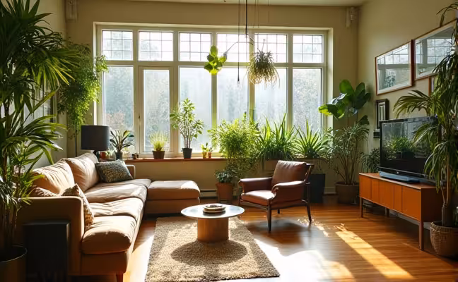 A cozy, well-lit interior of an urban home in Toronto, filled with indoor plants and eco-friendly furniture, sunlight streaming in through large windows