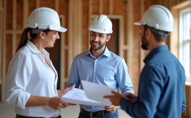 An architect, interior designer, and contractor discussing blueprints and material samples on a construction site, emphasizing their professionalism and teamwork in bringing a home remodel vision to life