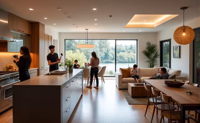 An open floor plan home with a view from the kitchen, showing the living and dining area. Family members are seen interacting, a couple of people are cooking in the kitchen, while others are sitting on the couch having a conversation. The design is modern and sleek, with a mix of wooden and metallic furnishings, creating a sense of warmth and sophistication