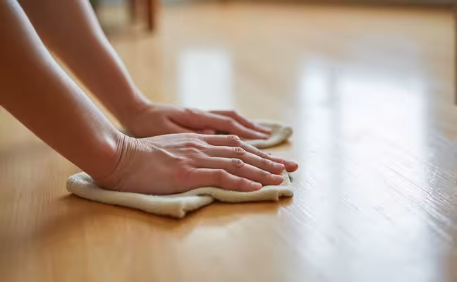 A close-up image of a person's hand applying a pH-neutral cleaning solution onto a light-colored hardwood floor with a soft cloth, emphasizing the usage of right cleaning products to avoid discoloration or damage to the floor's finish