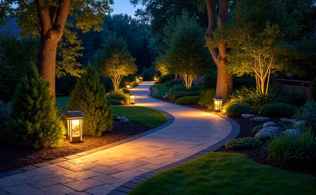 An inviting pathway in a well-maintained yard, illuminated by a variety of outdoor lights such as path lights, spotlights, and deck lights. The image should depict the garden and pathway at twilight, with the lights casting a warm, welcoming glow that highlights the different features of the landscape, enhancing the overall aesthetics and safety