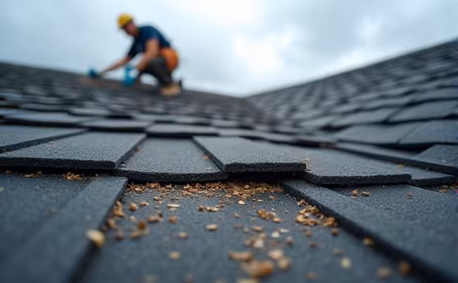 A close-up image of a well-maintained roof with no loose shingles or signs of corrosion, with a worker in the background checking other areas of the roof, his tool belt visible, symbolizing regular check-ups and prompt repairs to prevent damage during a storm