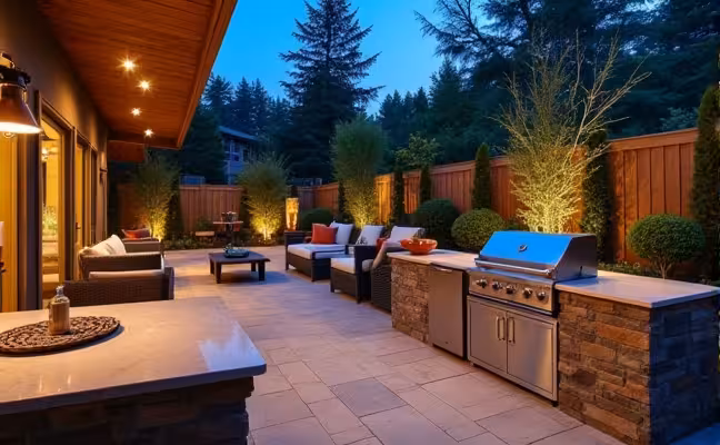 A well-designed outdoor kitchen layout with stainless steel appliances including a grill, sink, and refrigerator, ample counterspace, and a dining area complete with a traditional table and chairs or an outdoor lounge area with sofas and a coffee table, all illuminated by ambient and task lighting