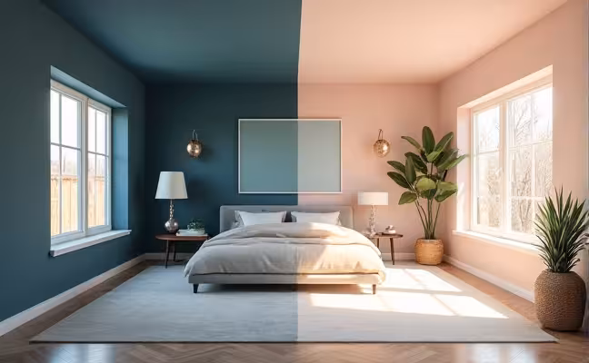 An illustration of two similar-sized rooms, one painted in a dark hue making it appear smaller and more intimate, and the other painted in a light pastel color, making it look larger and more spacious