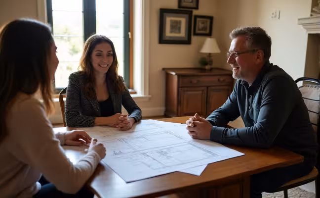 An image depicting a friendly meeting between a homeowner and HOA representative in a cozy, well-lit living room, with blueprints and renovation plans spread out on a coffee table between them, symbolizing the early engagement with the HOA during the renovation planning stages