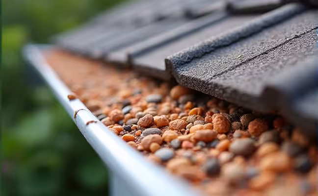 A close-up view of a gutter filled with small, coarse granules. The granules are varied in color, resembling the shade of the adjacent roof shingles. The house's roof should be visible in the background, showing signs of wear and tear, matching the deteriorated granules in the gutter