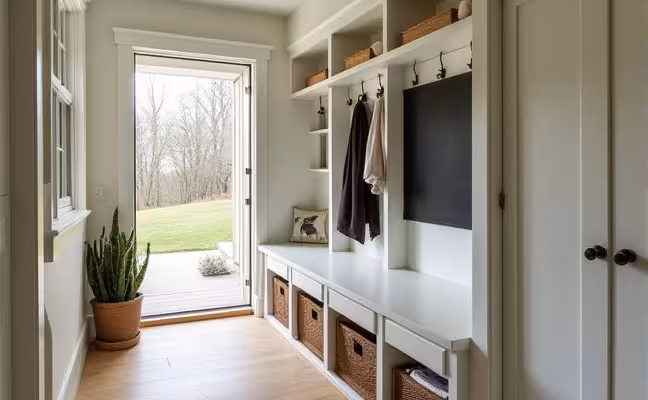 A side view of a mudroom located at the back entrance of a house, showing its integration with the home's flow. The room has a drain for easy cleaning and ventilation windows to keep it fresh and dry. It features a smart use of vertical space with wall-mounted hooks, shelves, and a chalkboard for reminders