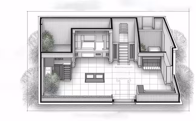 A blueprint-style illustration showing the layout of a remodeled basement, complete with detailed annotations. It includes key areas such as the home theater, playroom, and storage units. The image also shows the placement of recessed lighting fixtures, sump pump for waterproofing, and points out the insulated areas. The illustration also highlights the emergency egress and other code-compliant features