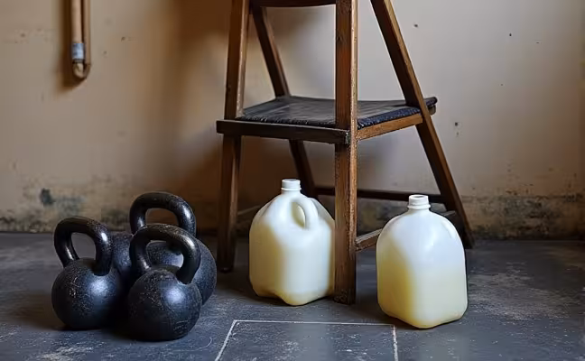 A DIY setup featuring homemade weights made from filled milk jugs, a sturdy chair used for step-ups and tricep dips, and a set of kettlebells on a rubber mat floor, with visible wear and tear indicating regular use and maintenance