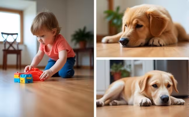 A collage showcasing the durability of laminate flooring in a busy household - a close-up of a child playing with toys on a clean, scratch-resistant laminate floor, and a pet lying comfortably on the same floor