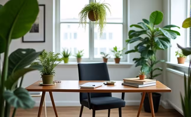 A serene image of a home office with a Boston Fern, Aloe Vera, and Rubber Plant. The Boston Fern is in a hanging basket, its delicate green fronds adding a touch of nature to the space. The Aloe Vera plant, with its thick, fleshy leaves, sits on the office desk, adding a pop of green against the backdrop of books and office stationery. The Rubber Plant, with its shiny, broad leaves, stands tall in a floor pot beside the office chair, absorbing the room's low light