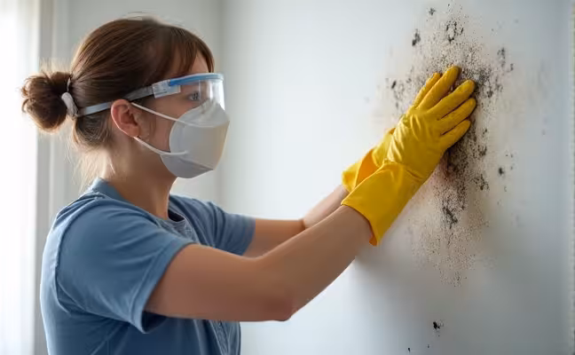 A photo of a person wearing protective gear mask, gloves, goggles while using a household product like vinegar to clean a small area of mold on a wall: The image should show the person in action, emphasizing the safety measures taken during mold removal