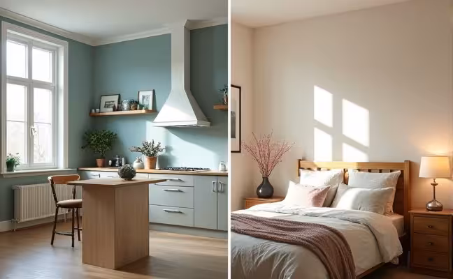 A split image showing two rooms: one being a high-traffic kitchen with semi-gloss paint reflecting light and showing ease of cleaning, and the other a cozy bedroom with flat or eggshell finish exuding a subdued ambiance