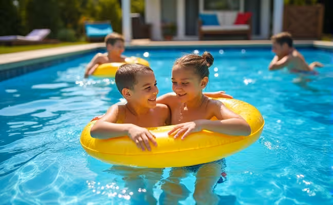 A dynamic image portraying a family enjoying a sunny day in their backyard pool - children playing with inflatable toys, adults swimming laps and doing water aerobics, highlighting the leisure, fitness and hosting benefits of owning a pool