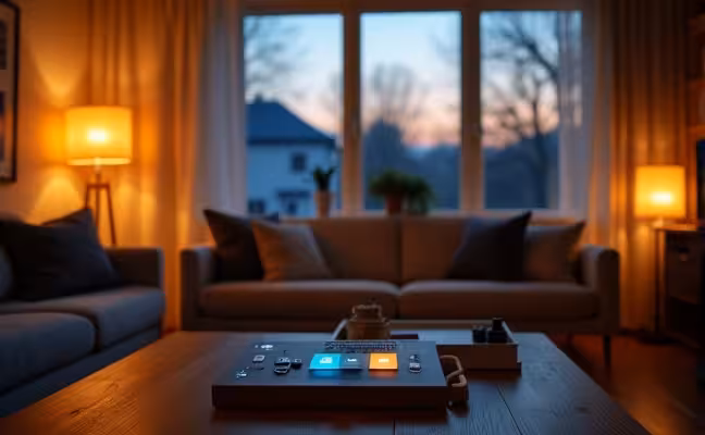 A cozy living room with smart lights glowing warmly, timed to switch on as dusk falls outside the window, with a visible control interface on a coffee table displaying different lighting schedules, conveying the concept of mimicking an occupied home