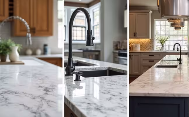 A comparison image showing three different countertops: a high-end marble countertop, a mid-range quartz countertop, and a budget-friendly laminate countertop. Each countertop should be in a different kitchen setting, demonstrating their distinctive features and styles. The marble countertop is in a luxury kitchen, the quartz countertop in a modern, busy kitchen, and the laminate countertop in a cozy, small kitchen
