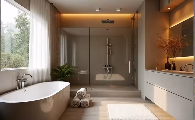 A spacious, spa-like bathroom featuring a deep soaking tub made of stone, a rain shower with glass enclosure, and a sleek steam room setup. Extras like a heated towel rack, a wooden diffuser puffing out aromatic scents, and a mini sound system are also present
