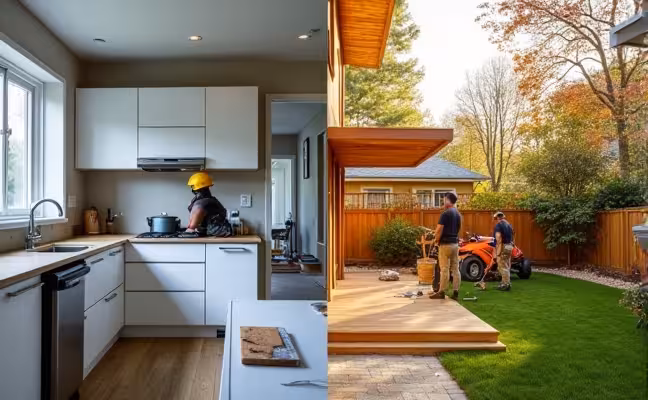 A split-screen image of a home in Toronto undergoing an indoor and outdoor renovation. One half shows a modern kitchen being upgraded in the winter, with workers installing a new countertop and painting the walls, while the other half portrays a deck being built in a lush backyard during summer, emphasizing the planning according to the type of project