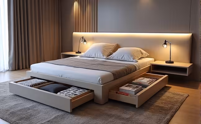 An image of a modern, compact living room featuring a large, stylish bed with built-in drawers filled with neatly folded clothing. Nearby, a coffee table with hidden compartments holding books and magazines should be visible, demonstrating the concept of multi-purpose furniture