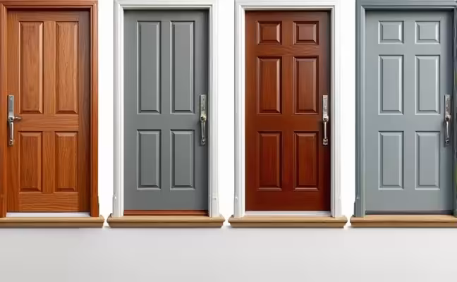 A comparison image showcasing four different front doors made of wood, steel, fiberglass, and composite material. Each door should have a label indicating its material, and they should all differ in their design, texture, and color to highlight the difference in appearance