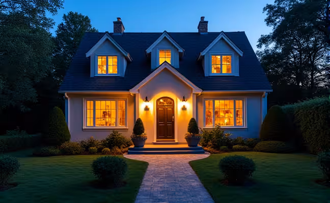 A twilight scene of a charming house with upgraded modern outdoor lighting, highlighting the pathways, entryway, architectural features, and garden elements, giving a warm, inviting, and secure atmosphere