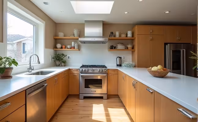 A modern, energy-efficient kitchen in a renovated Toronto home, showcasing stainless steel Energy Star-rated appliances, bamboo flooring, and low-VOC painted walls in soothing earth tones. A large skylight illuminates the room, reducing the need for artificial light