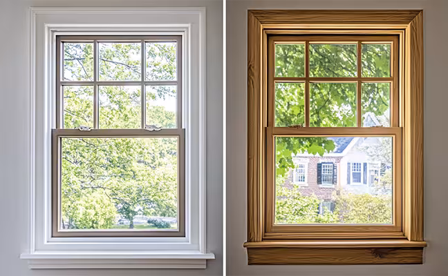 A split-screen image comparing two different styles of windows - a double-hung window and a casement window, each with labels pointing out their design elements that contribute to energy efficiency, such as the seals and the frame construction