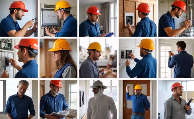 A collage of professionals addressing common home inspection issues: a plumber fixing a leaky faucet, an electrician repairing an electrical panel, a roofer replacing missing shingles, a structural engineer inspecting foundation cracks, an HVAC technician servicing a heating system, an energy auditor inspecting wall insulation, a mold remediation specialist in protective gear, a pest control professional spraying insecticide, a water damage restoration worker repairing a water-damaged wall, and a new, energy-efficient refrigerator being installed