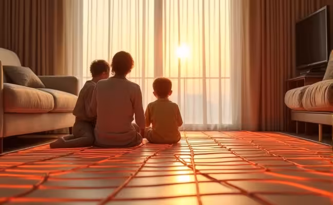 A serene and peaceful living space, free of traditional heating equipment like radiators or vents, with a family enjoying the consistent and comfortable heat from the radiant floor, indicating the silent operation and improved safety aspects of the heating system