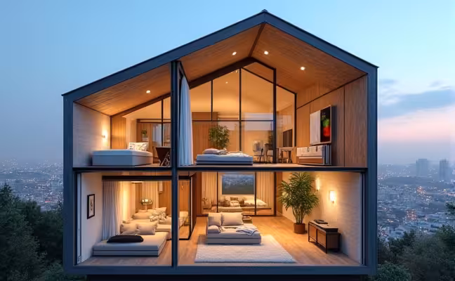 A cross-sectional view of a house, showing soundproofing materials installed in the walls, floors, and ceilings. Also visible are soundproofing curtains on windows and a thick rug on the floor. Outside the house, there's a bustling cityscape, but the inside of the house remains calm and quiet, illustrating the effectiveness of soundproofing
