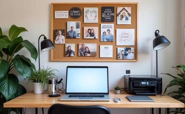 A personalized workspace featuring a mood board filled with inspiring quotes and images, family photos, and a couple of indoor plants for a touch of greenery. The desk also houses essential tech tools like a laptop, headphones, and a printer. In the background, a glimpse of a white noise machine suggests the importance of noise control