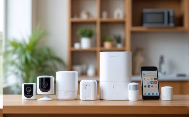 A DIY home security set on a table, ready for installation. The set should include different components like cameras, sensors and a control panel. The background setting should be a typical home environment, suggesting the ease of installation and flexibility of the system