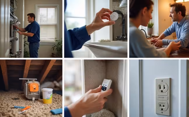 An interior scene featuring a variety of home maintenance tasks in progress. A professional is seen tuning-up the HVAC system, while a resident is testing smoke and carbon monoxide detectors. In another corner, someone is inspecting under a sink for plumbing issues. The basement and attic areas are also shown, with signs of regular inspection for moisture or pests. Lastly, a close-up of an electrical outlet with a safe number of plugs, symbolizing a well-checked electrical system