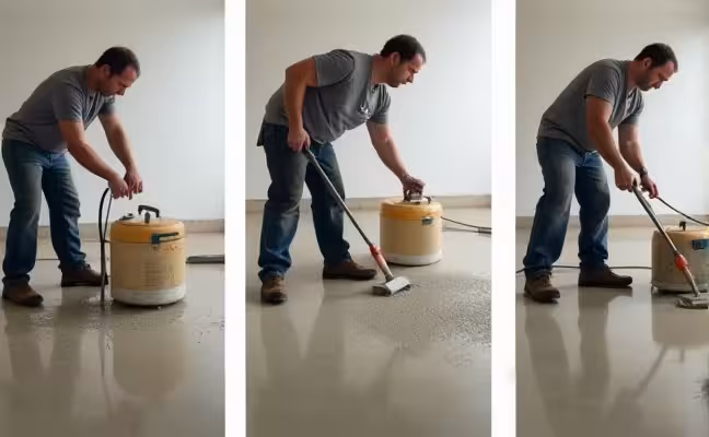 A step by step process of a professional using self-leveling concrete on a minor uneven floor, showing the uneven floor before application, the pouring of the concrete, and the smooth, levelled floor after the concrete has dried
