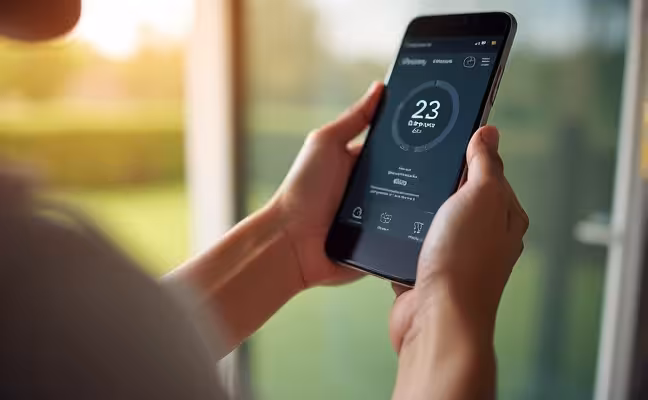 An image of a person in an outdoor setting, adjusting the temperature of their home via a mobile app on their smartphone, depicting the remote control feature of smart thermostats