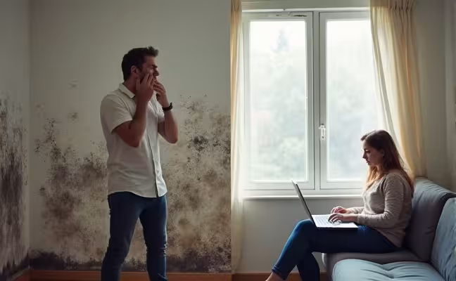 An image split into two contrasting halves - One half should depict a poorly ventilated room with visible mold growth on the wall, excessive moisture causing condensation on the window, and an individual appearing uncomfortable, possibly sneezing or coughing. The other half should depict a well-ventilated room with clean, clear walls, open windows showing fresh air flow, and a person comfortably engaged in an activity like reading or working on a laptop