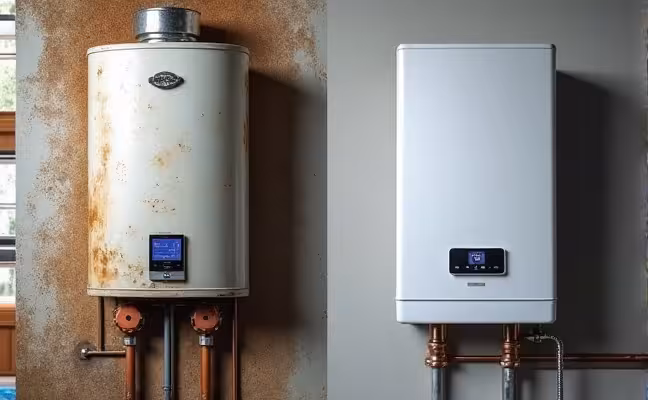 A side-by-side comparison image of two water heating setups: on one side, a traditional water heater with visible rust and scale build-up, and on the other side, a modern and clean tankless water heater with a display showing real-time water heating, emphasizing the superior water quality and advanced technology of the tankless system