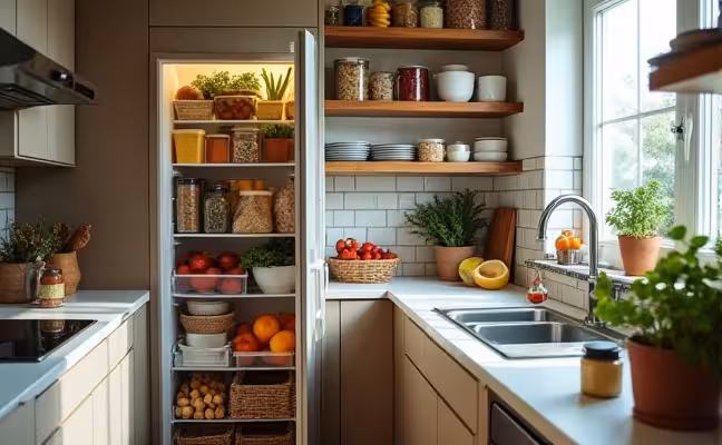 An image of a pantry filled with airtight containers storing dry food items, and a refrigerator filled with fresh produce. Dirty dishes are being washed in the sink and leftovers are being placed in a compost bin. The scene conveys the importance of proper food storage and immediate cleaning of leftovers to prevent pests