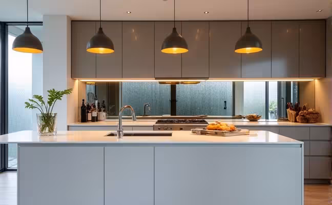 A contemporary kitchen featuring a mirrored backsplash, reflecting light from overhead pendant lamps and complementing sleek modern cabinetry in a minimalist design