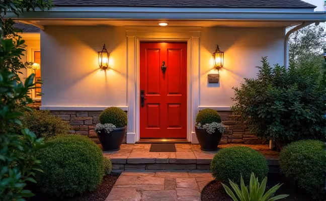 A charming home exterior with a freshly painted front door in a bold color, new metallic house numbers, well-manicured landscaping, and warm, inviting outdoor lighting illuminating the pathway leading to the front door