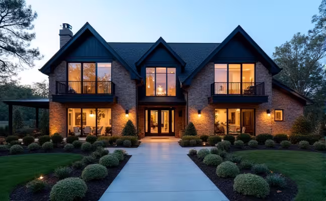 A view of a house exterior that blends traditional and modern styles. The house should feature a traditional pitched roof and a brick or stone facade, contrasted with large, floor-to-ceiling modern windows. The landscaping should be sleek and minimalist, with strategically placed outdoor lighting fixtures highlighting the unique blend of styles
