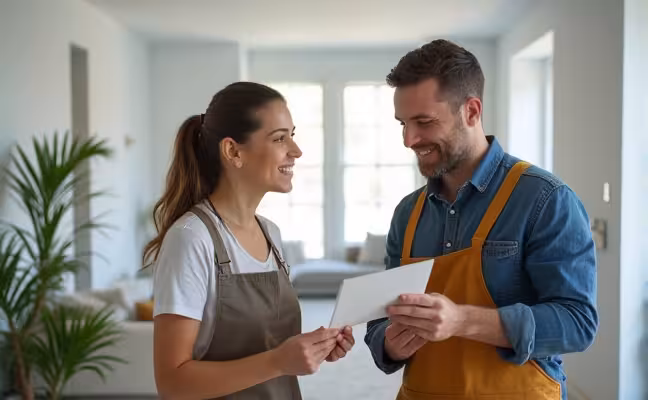 An image of a post-renovation follow-up meeting between the homeowner and contractor in a beautifully renovated Toronto home. The living room should be modern, bright, and clean, with the homeowner politely pointing out a minor issue to the contractor, indicating the importance of post-renovation communication