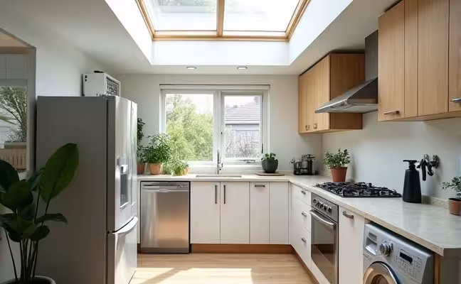 A modern, eco-friendly kitchen in a Toronto home, fully equipped with energy-efficient appliances, including a refrigerator, dishwasher, and washing machine. Low-flow water fixtures are installed in the sink, and the room is lit with natural light coming in through a large skylight